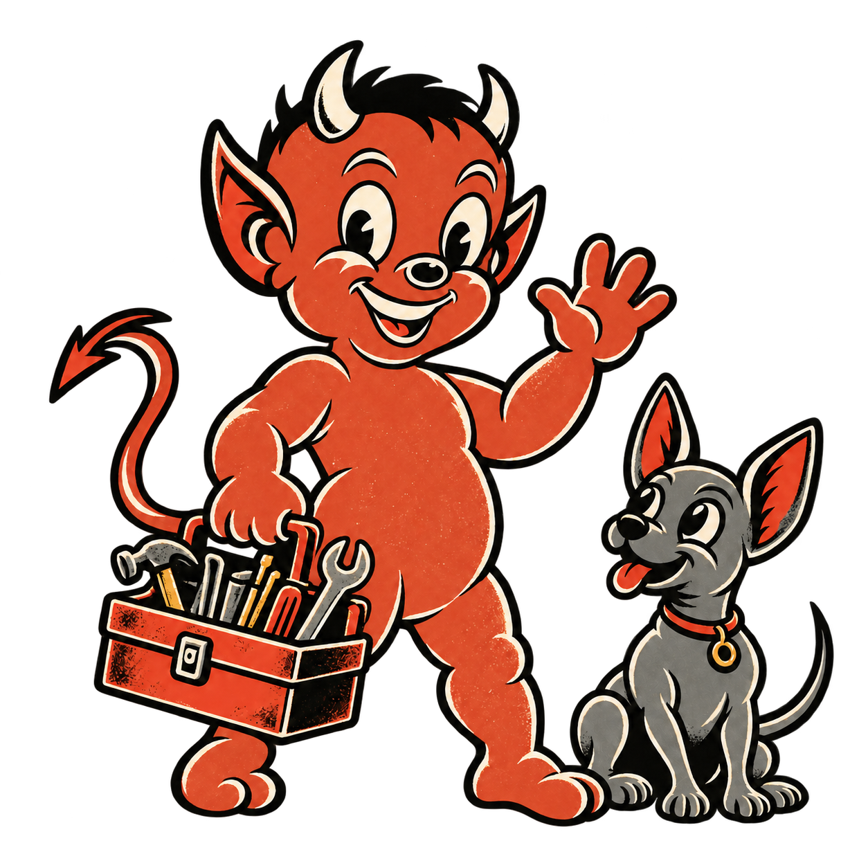 Red devil mascot waving beside the grey Xolo
