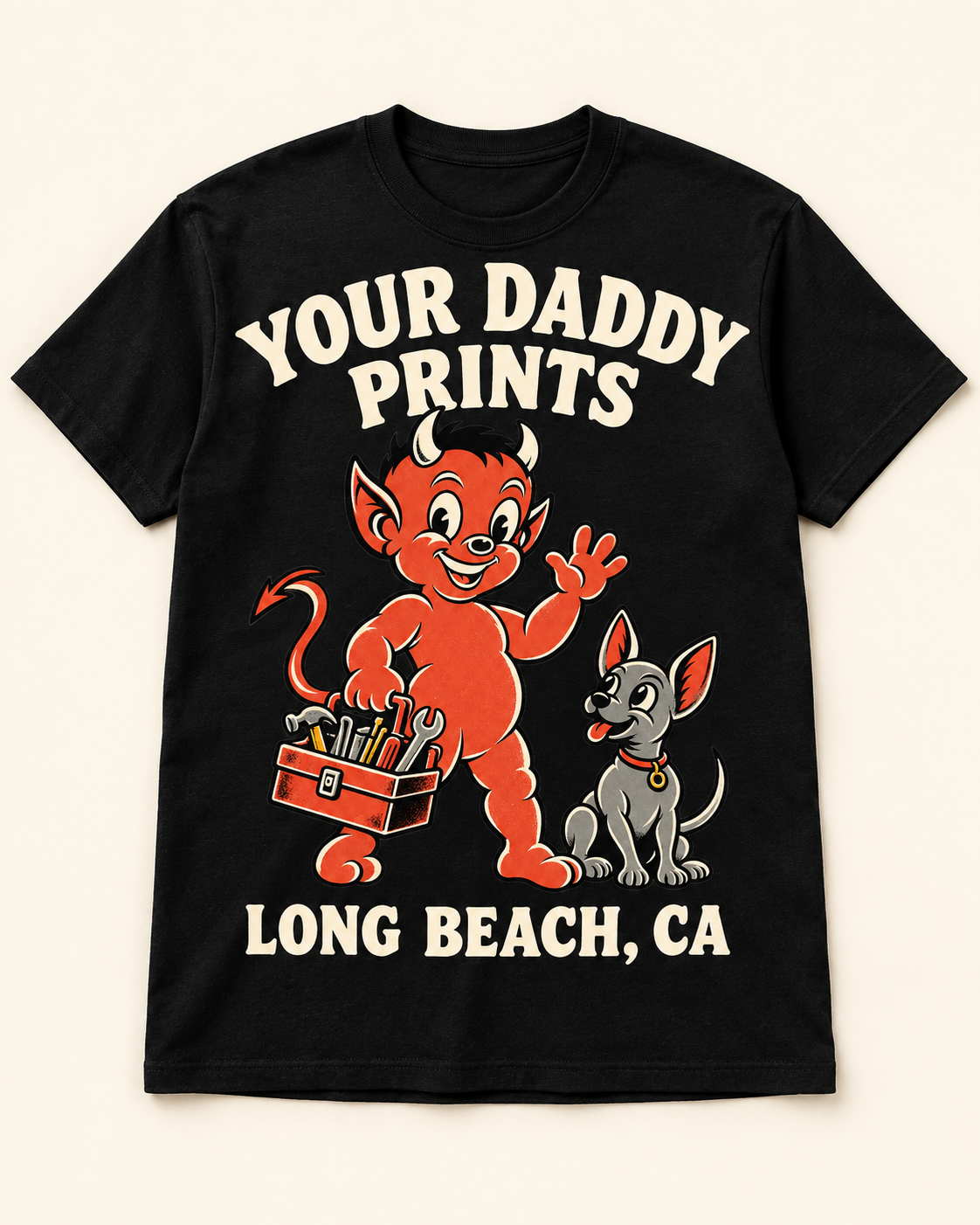 Black tee concept with clear Your Daddy Prints lettering and red devil and grey Xolo artwork